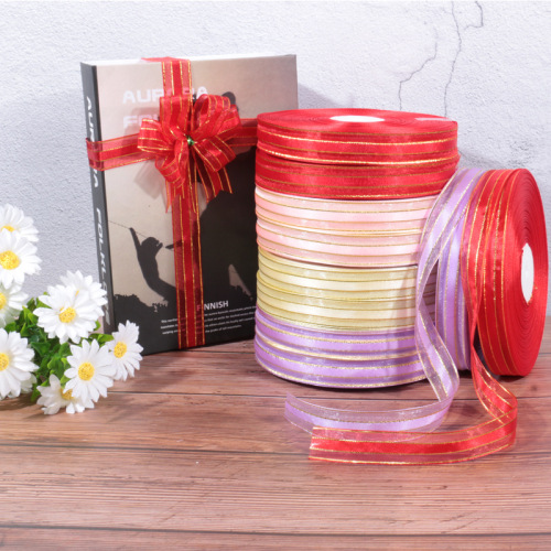 2cm wide four golden edge chiffon ribbon translucent packaging ribbon diy handmade floral packaging satin ribbon