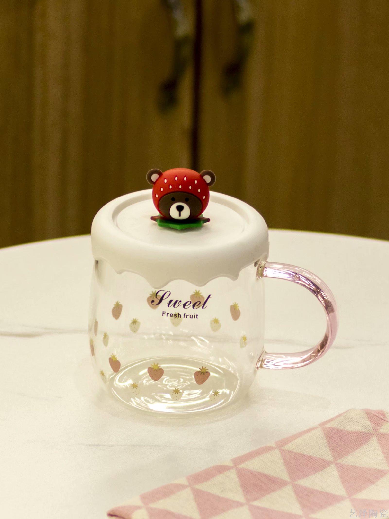 可爱小熊玻璃杯立体盖陶瓷杯水晶把手咖啡杯