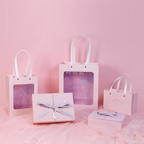 wholesale customized logo cute pink gift packaging carton + gift paper bag pvc window bow