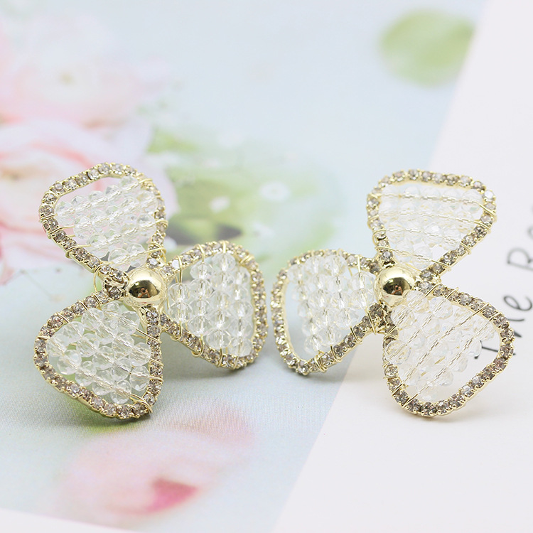 S925银针韩版耳饰三叶瓣水晶镶钻耳环女手工编织耳钉饰品一件代发