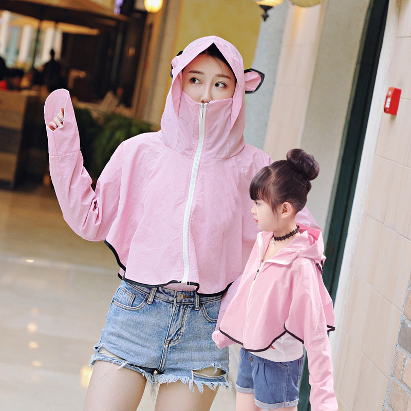 夏季韩版亲子防晒服潮流百搭时尚纯色披肩亲肤熊猫款骑车防晒衣