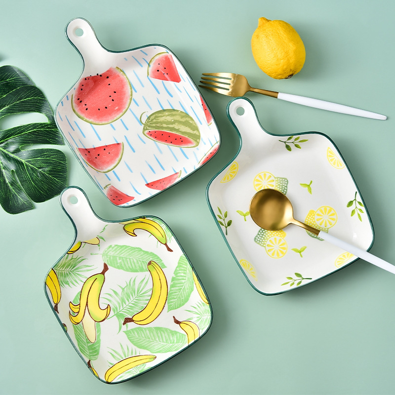 Ins创意日式手绘陶瓷单炳烤盘烘焙焗饭盘正方手柄盘西餐盘清装