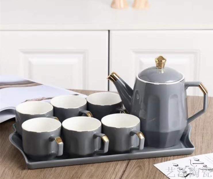描金色釉陶瓷水具6杯碟咖啡壶冷水壶北欧风茶具套装
