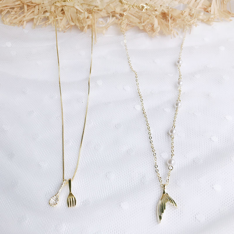 新款项链饰品时尚鱼尾勺子叉子能吃是福铜微镶日韩ins女珍珠批发