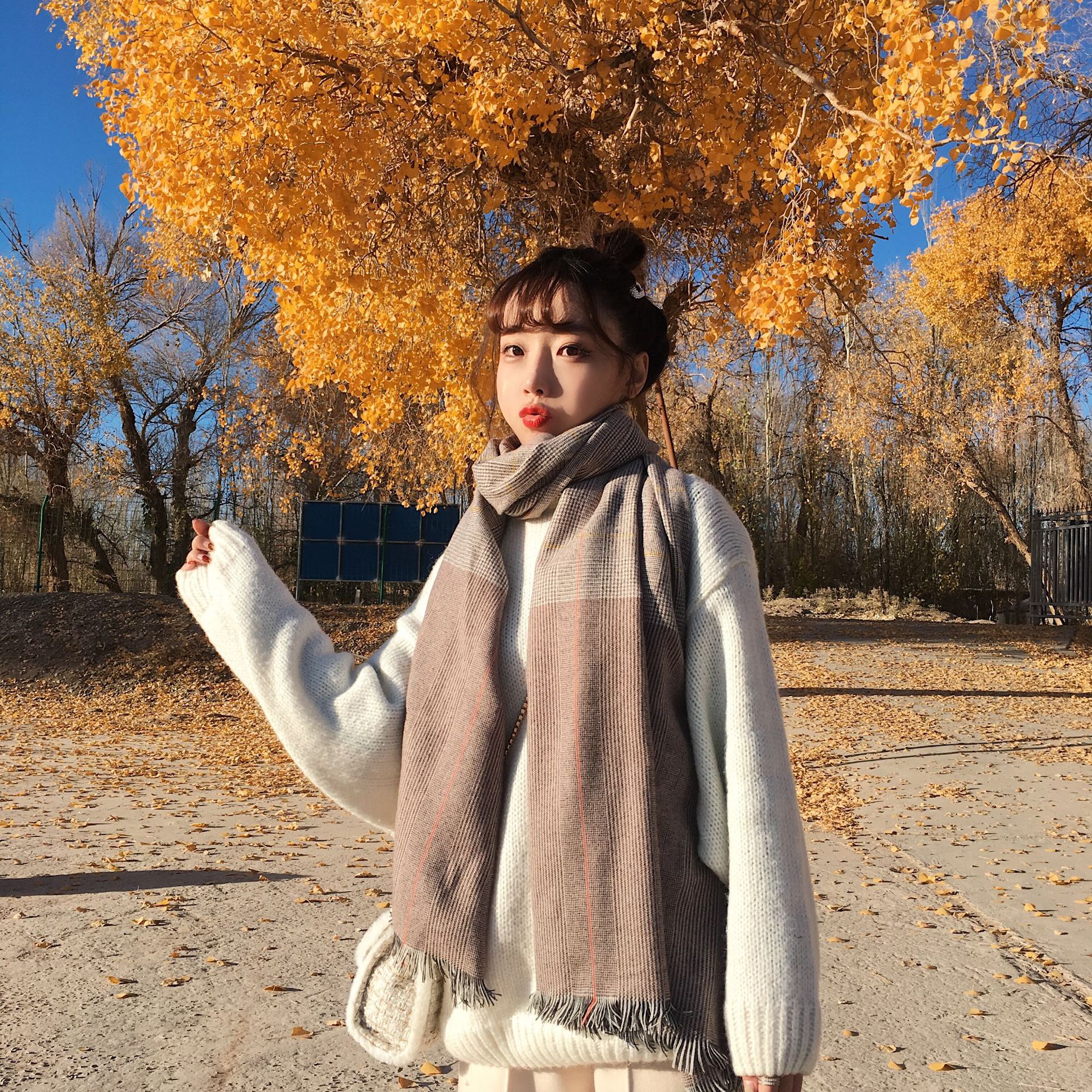 韩国千鸟格格子围巾 长款加厚散须披肩 经典格纹百搭保暖围巾两用