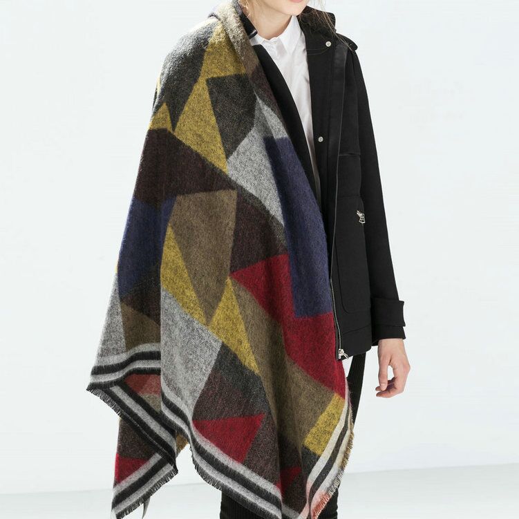 2020秋冬新款 欧美热销仿羊绒围巾几何拼色保暖女空调大披肩厂家