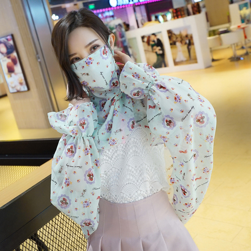 2020夏女时尚薄款防晒衣丝巾女骑车开车防晒遮阳披肩带口罩 批发