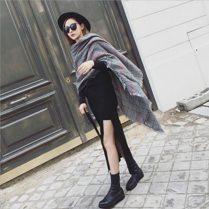 2020秋冬时髦街拍提花围巾超有型气质百搭千鸟格大披肩围巾两用