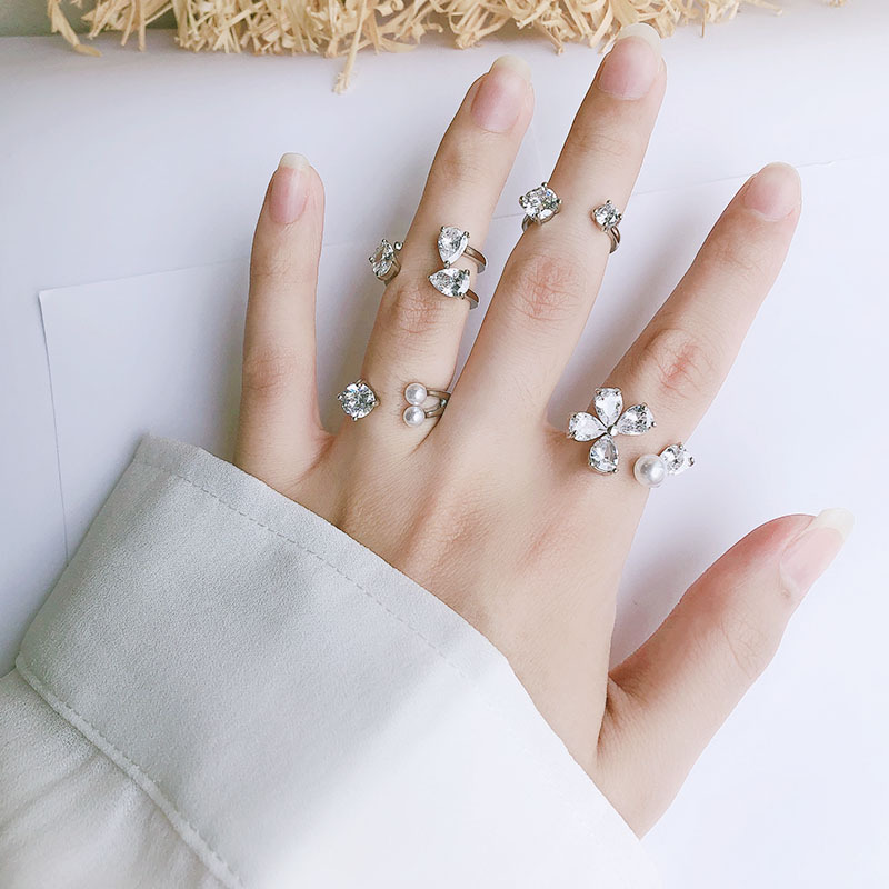 新款珍珠戒指时尚指节简约日韩炫酷花开口可调节锆石铜ins风批发