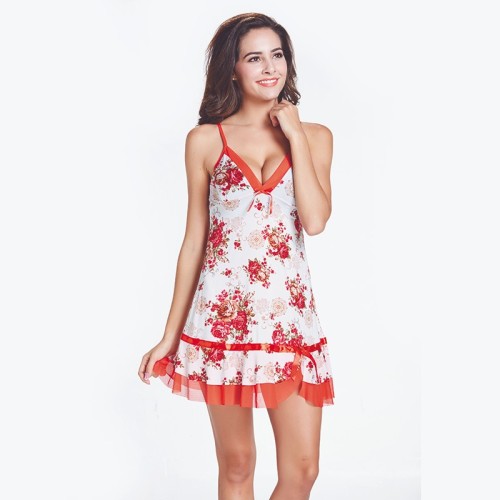 factory wholesale fashion women‘s new ice silk printed strap nightdress red rose sexy pajamas sexy lingerie