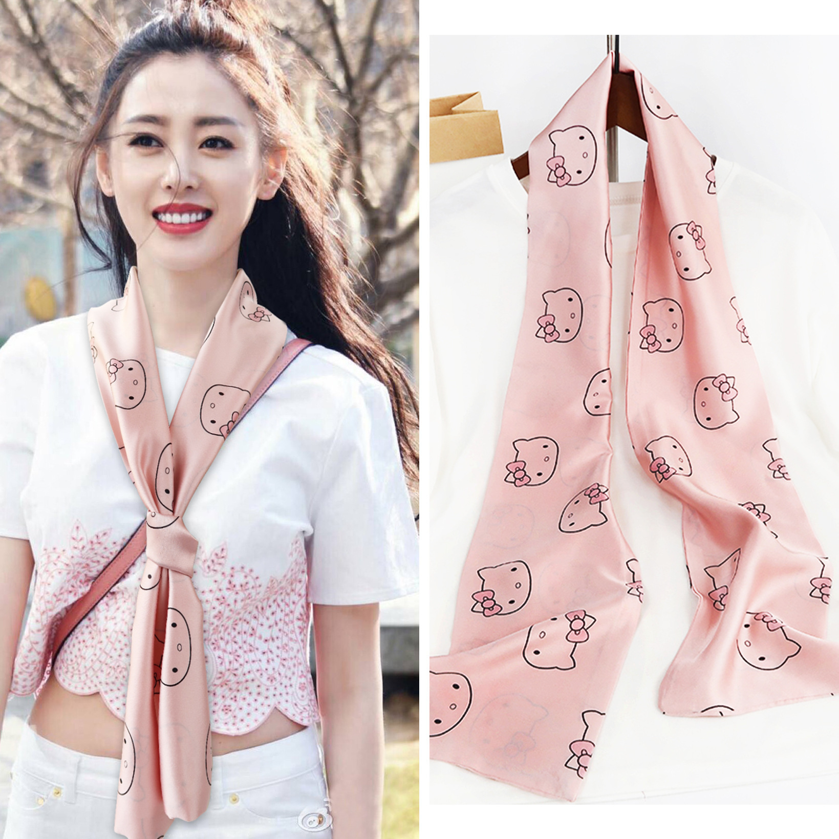 2020春秋季明玉同款舒适窄细长条丝巾女新潮时尚围巾领巾工厂直销