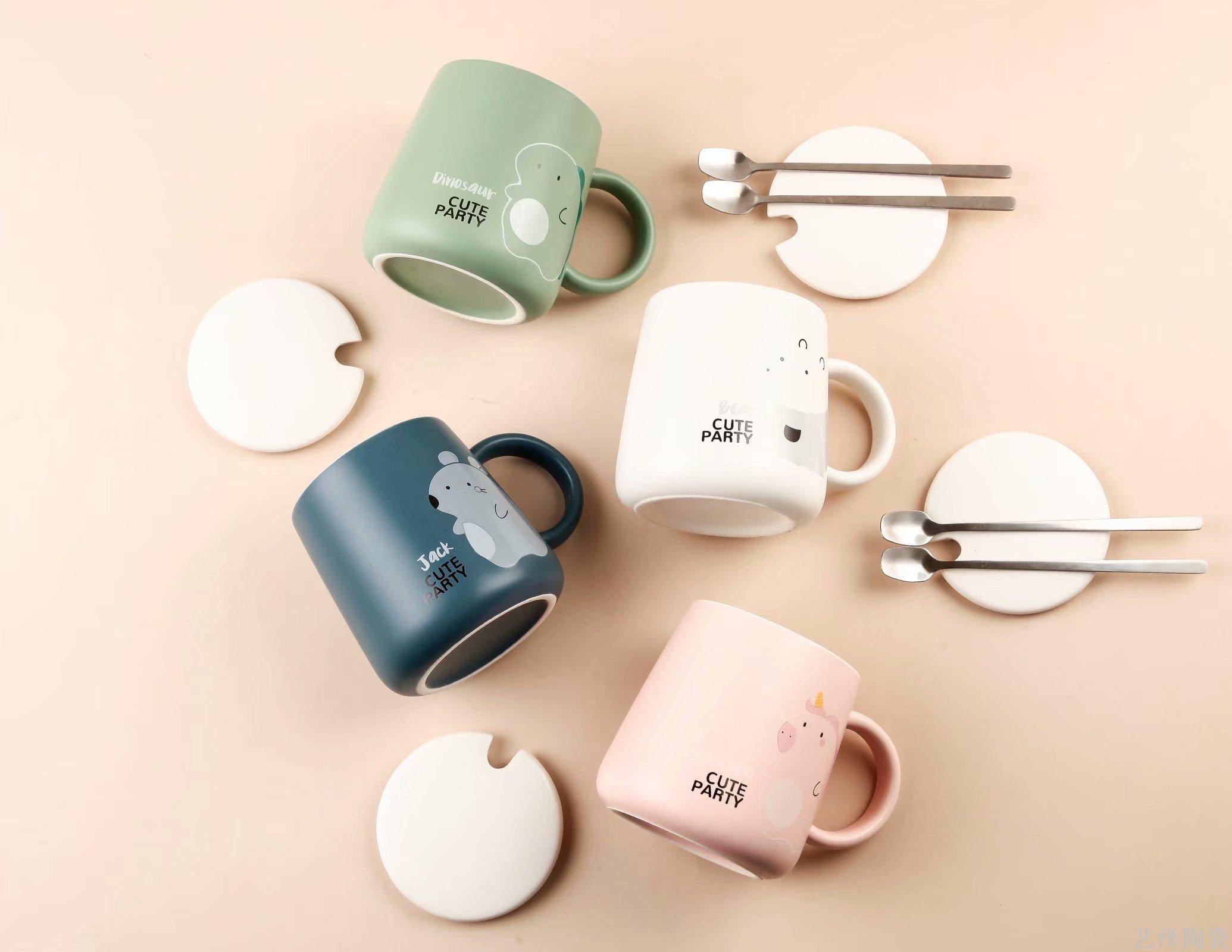 小动物陶瓷杯色釉马克杯带盖勺水杯可爱咖啡杯