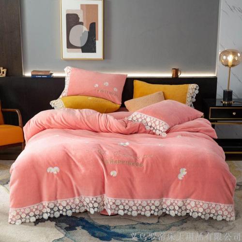 Thickened Crystal Velvet Four-Piece Set Autumn and Winter Warm Bed Double-Sided Coral Velvet Bed Sheet Quilt Cover Milk Flannel Solid Color