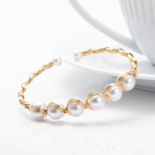 INS European and American Natural Freshwater Pearl 14K Gold Injection Winding Bracelet Six Pearl Cross Winding Straight Row Bracelet for Women