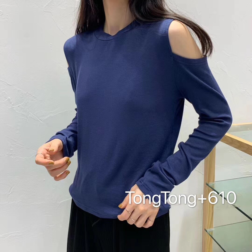 2019秋季新款圆领露肩T恤BF女韩版时尚洋气显瘦长袖纯色打底衫潮