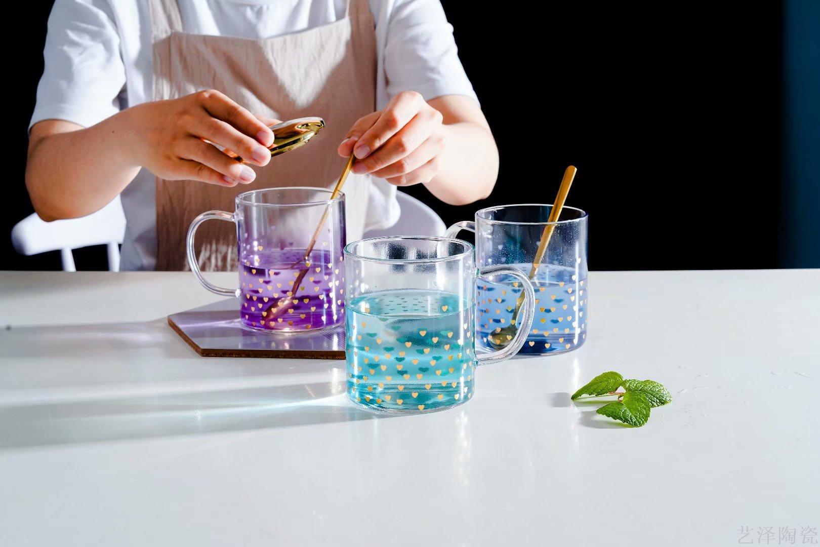 炫彩玻璃杯金色盖水杯时尚马克杯