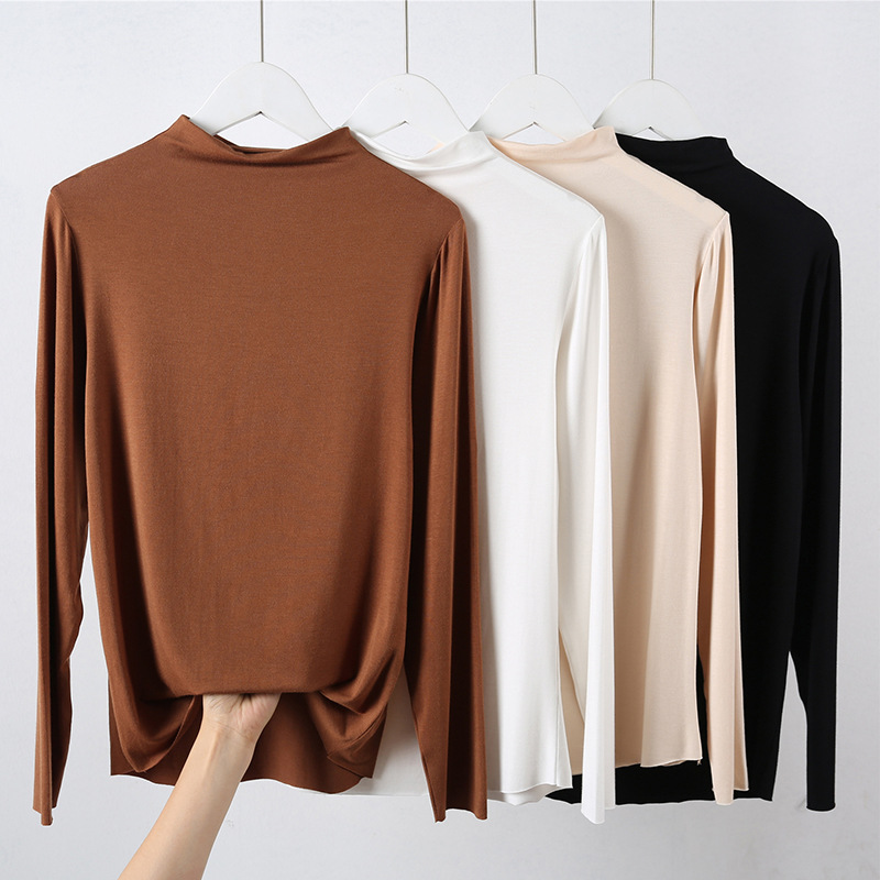 莫代尔打底衫女黑色长袖薄款内搭T恤上衣半高领大码秋衣紧身秋冬