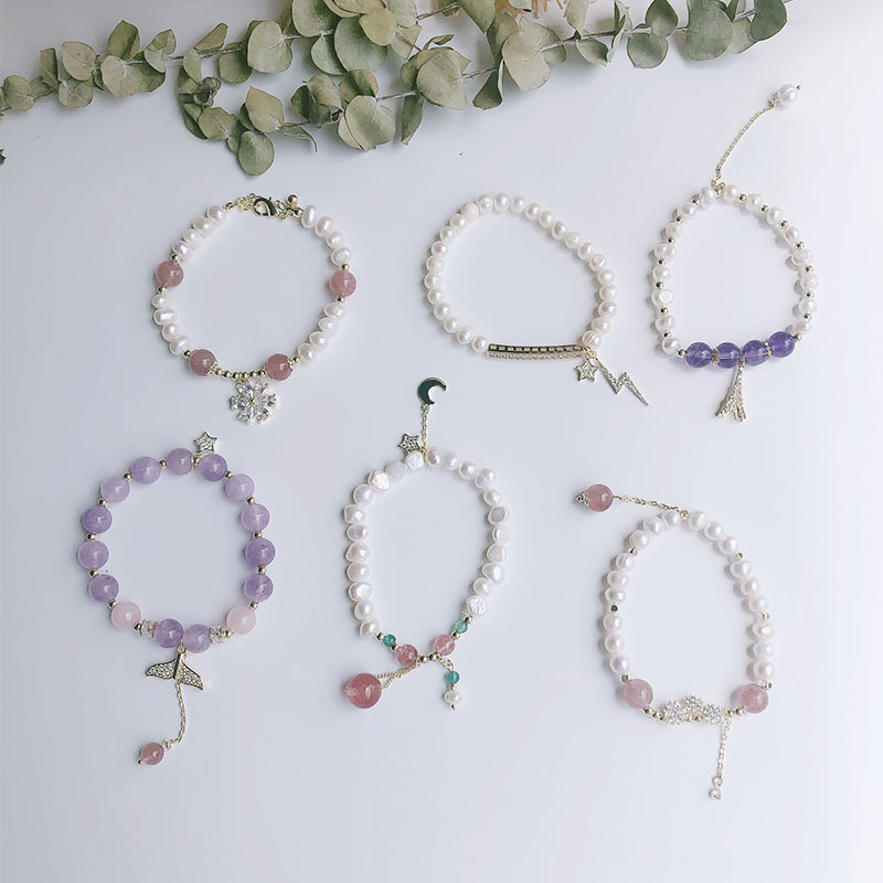 新款天然淡水珍珠草莓晶紫水晶手链手串星星花鱼尾ins时尚复古女