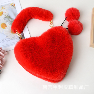 New Korean Style Imitation Rex Rabbit Heart Bag Double Chain Plush Women's Bags Beautiful and Elegant Fashion Tote