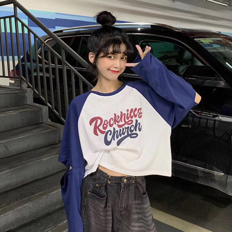 圆领胸前字母印花长袖防晒衣T袖开叉个性设计体恤衫休闲百搭显瘦