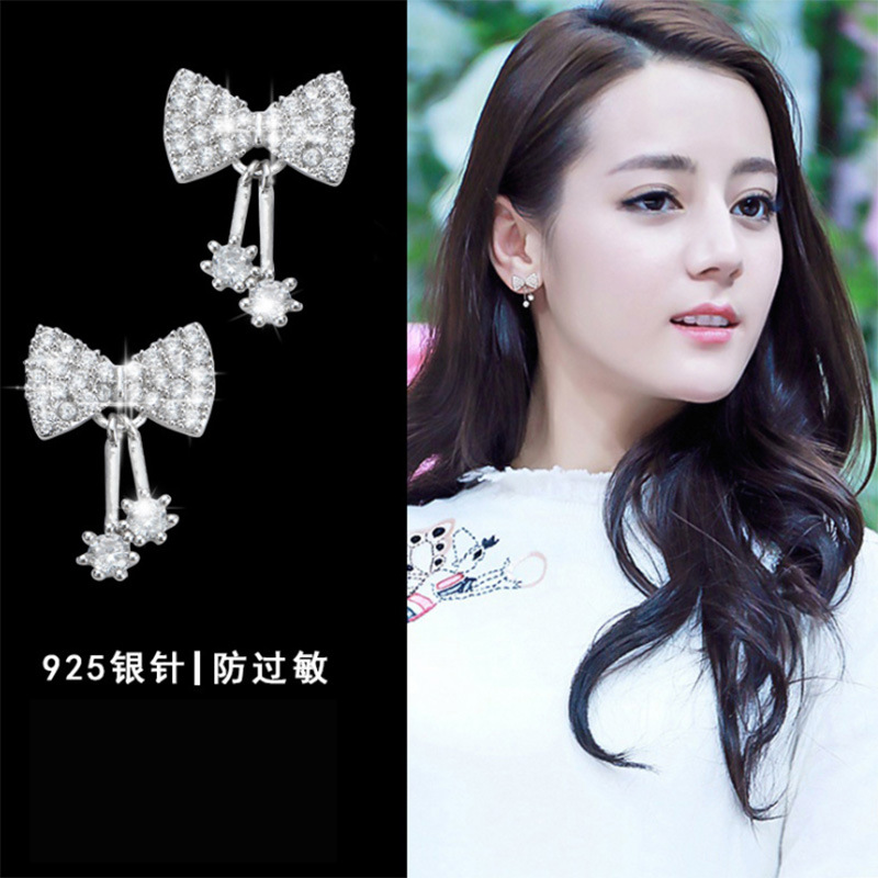 S925银针蝴蝶结耳环女韩国甜美气质个性百搭镶钻合金耳钉耳饰厂家