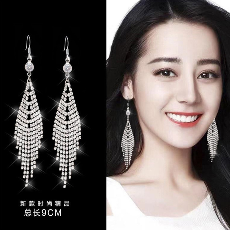 S925银针韩版耳饰超仙镶钻耳环网红耳坠个性百搭圆脸显瘦流苏耳钩