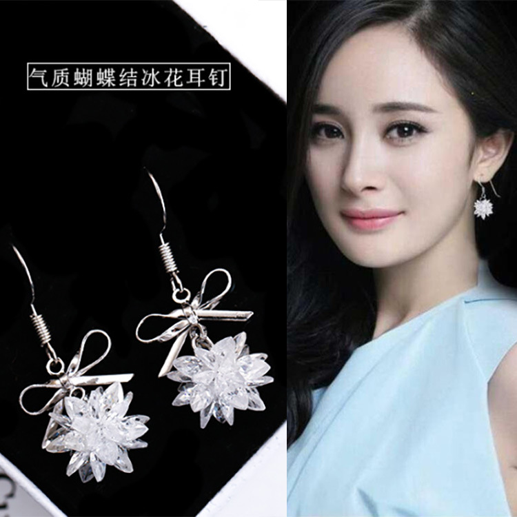 时尚新款韩版S925纯银耳钩气质蝴蝶结耳环长款流苏耳坠水晶花耳饰