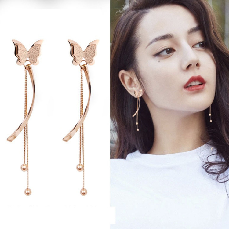 S925银针防过敏钛钢菱形方块圆形四叶草黑天鹅蝴蝶流苏长款耳环女