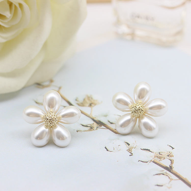 925银针韩版耳饰超仙花朵小雏菊珍珠耳环女度假风气质百搭ins耳坠