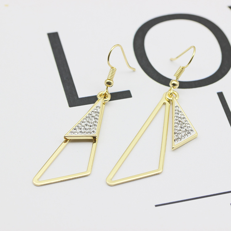S925银针欧美耳饰简约几何三角形耳环时尚个性长款画油镶钻耳坠女