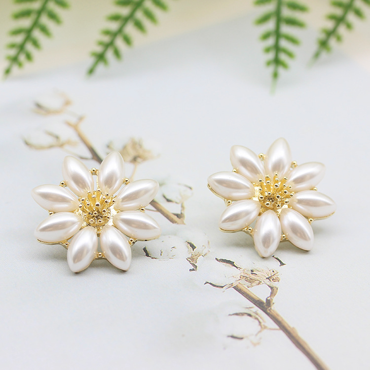 925银针韩版耳饰超仙花朵珍珠耳环度假风气质百搭ins耳坠一件代发