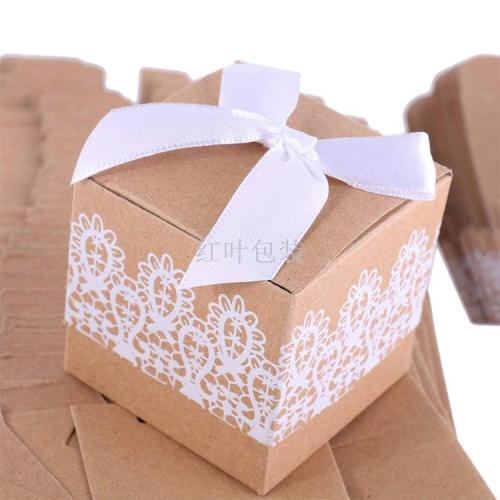 wholesale customized wedding wedding candies box square kraft paper candy box with ribbon