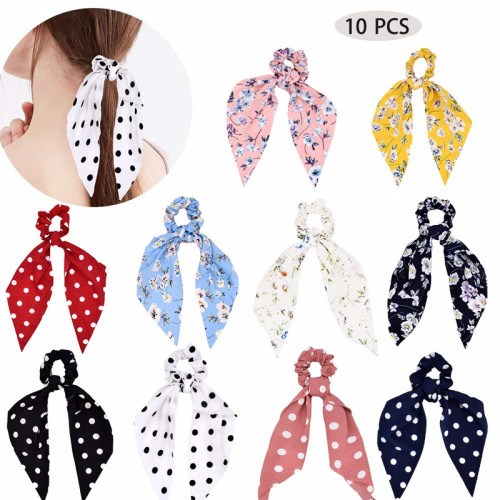 cross-border floral large intestine ring ribbon new long hair tie ponytail two-in-one european and american hair ring