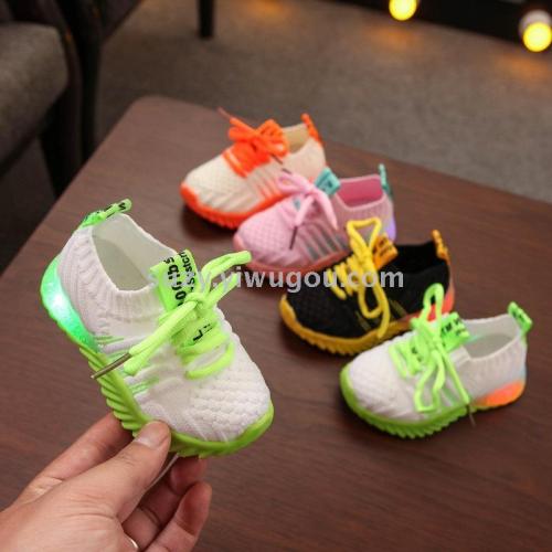 leisure sports breathable flyknit led light luminous shoes flash light student shoes 4-7-10 years old children