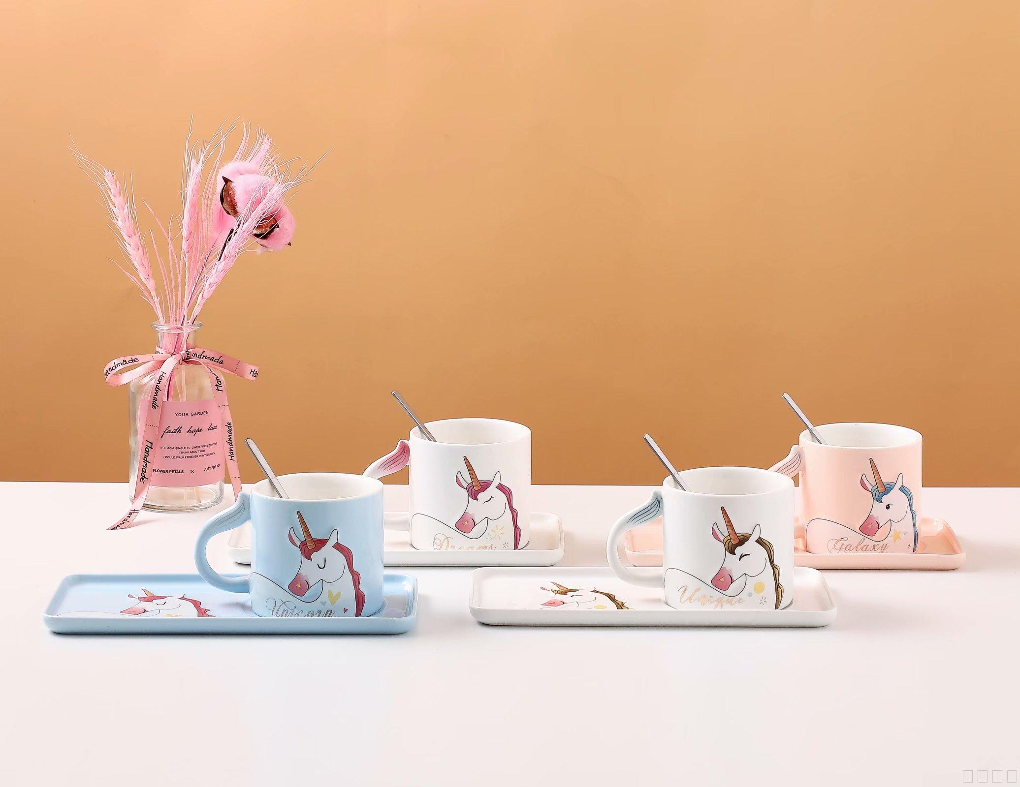 独角兽浮雕陶瓷早餐杯碟带长托盘陶瓷杯