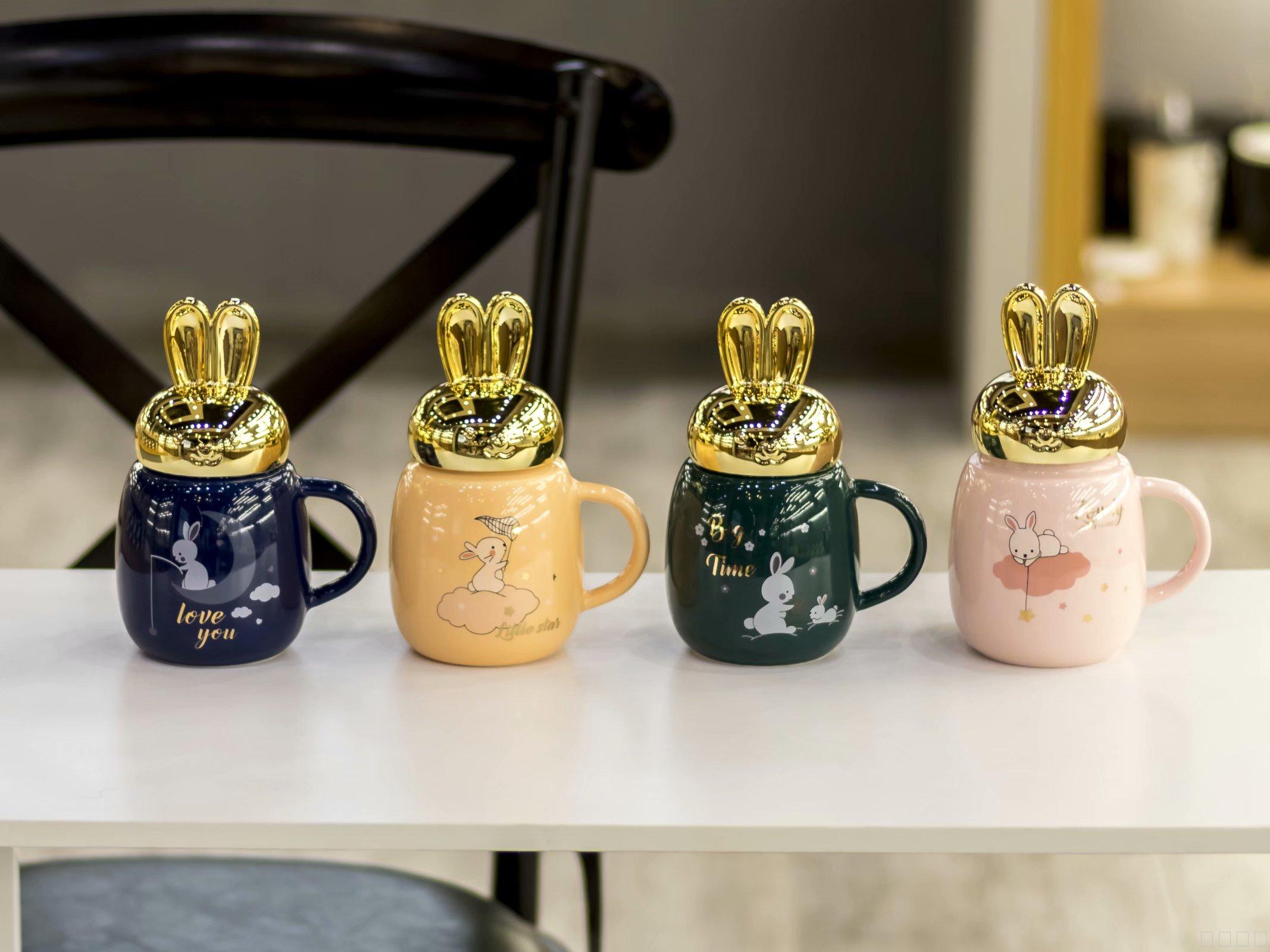 金色兔耳盖色釉陶瓷杯可爱小兔子马克杯密封盖水杯