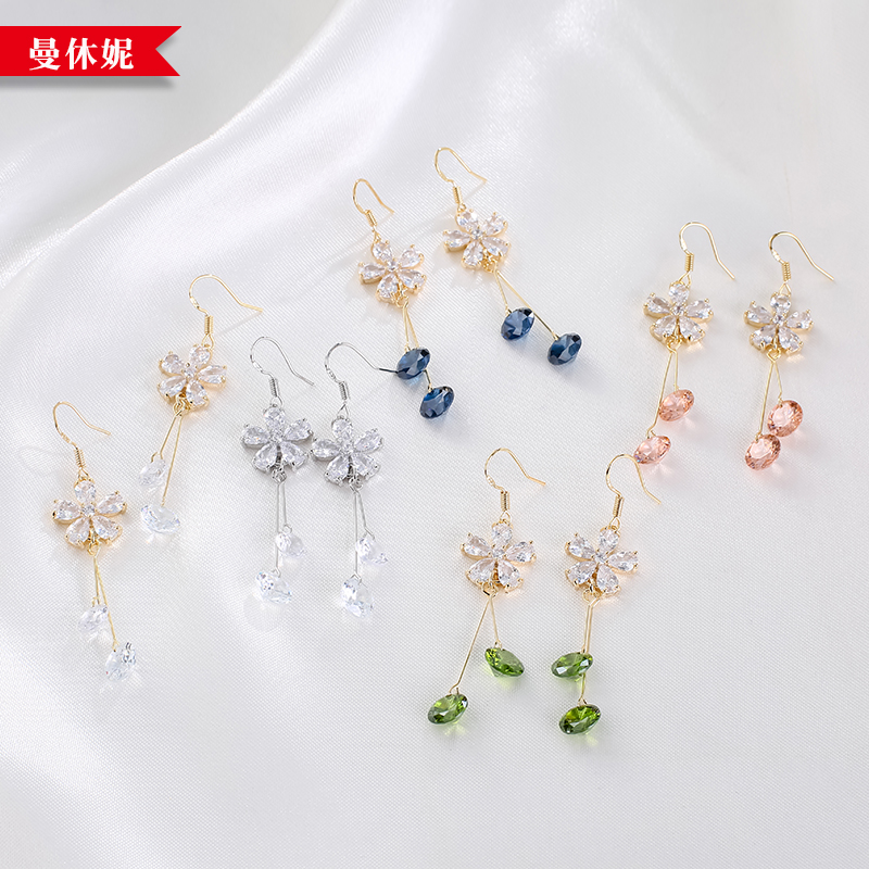 长款花朵耳环耳坠锆石防过敏9252银耳饰品厂家直销批发显瘦脸耳环