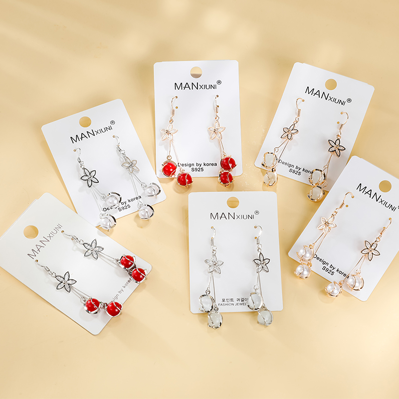 长款花朵珍珠耳环彩色大红耳坠小花朵耳饰厂家直销批发锆石耳环