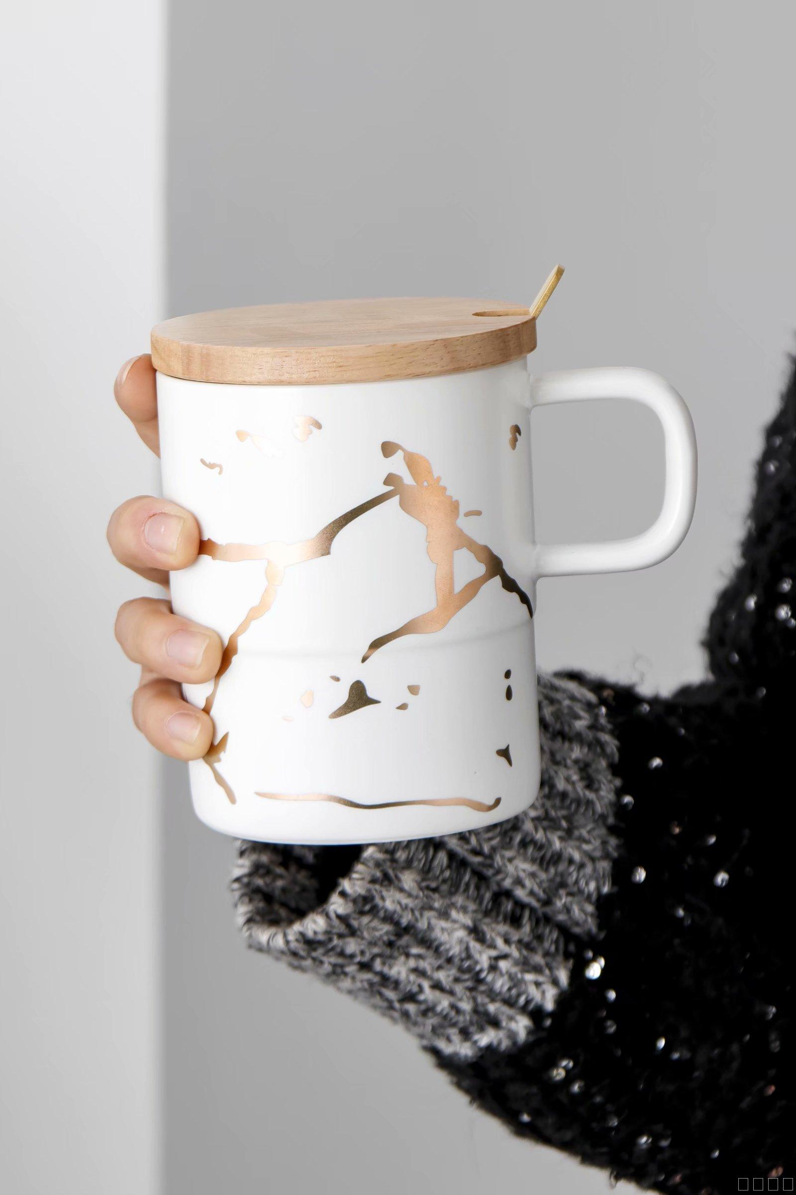 金色石纹陶瓷杯带木盖马克杯密封水杯