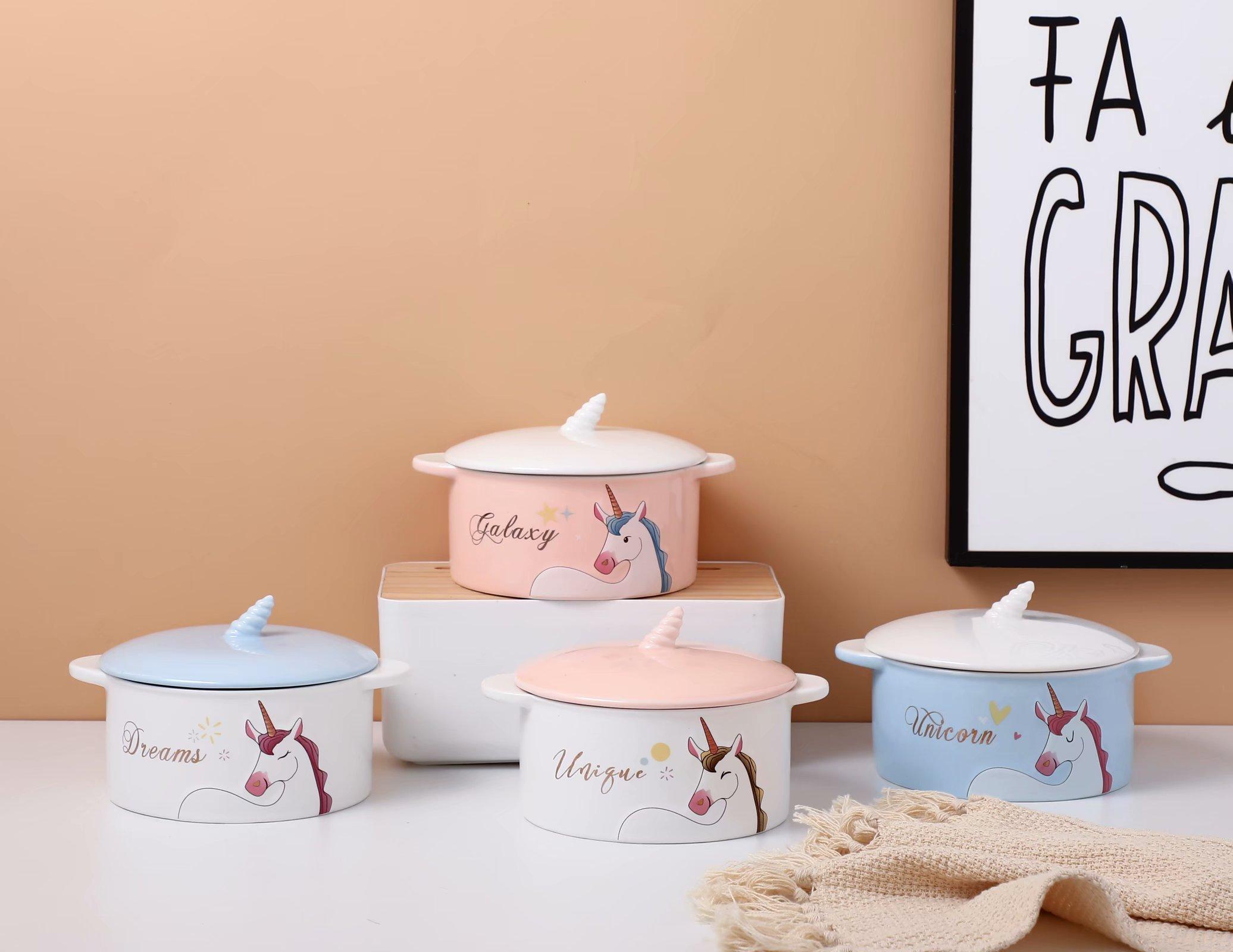 独角兽陶瓷面碗浮雕色釉陶瓷沙拉碗可配陶瓷盖与玻璃盖