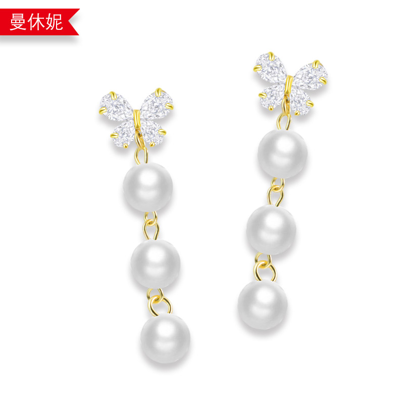 小蝴蝶长款耳环925银针珍珠耳坠韩版贝珠耳饰品厂家直销批发耳饰