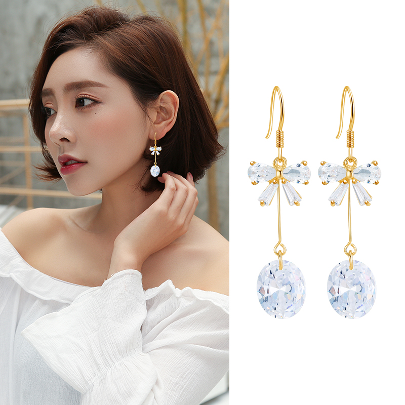 长款锆石耳环小领结耳坠显瘦脸耳饰品厂家直销批发耳钉925耳环