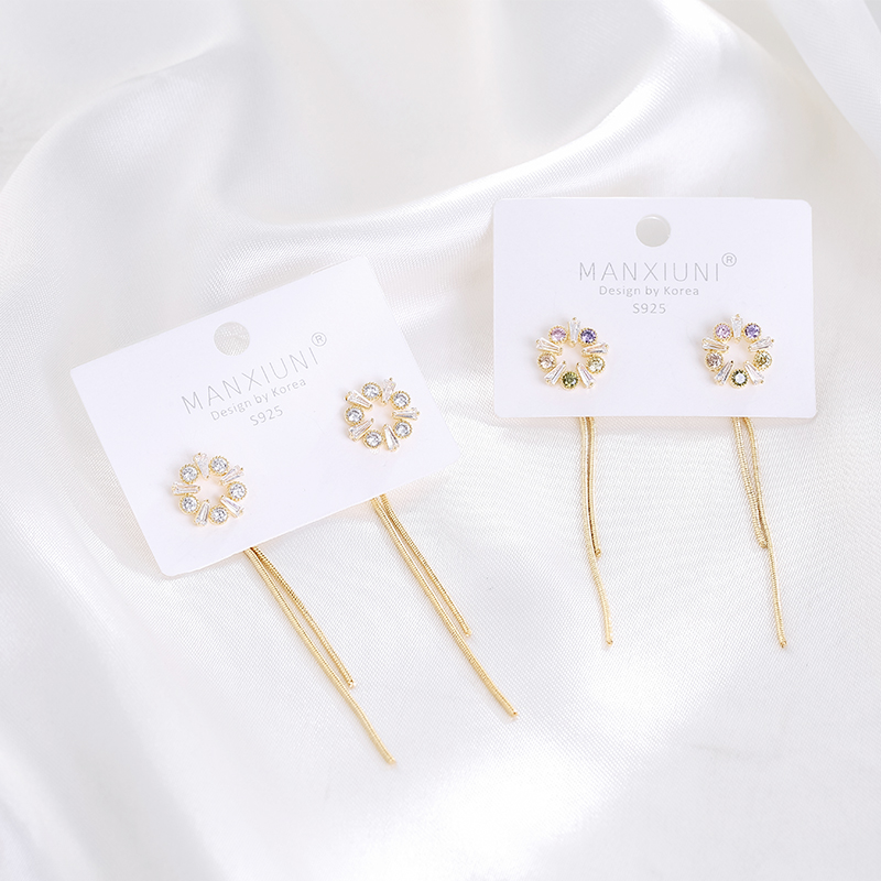 1款2戴流苏耳环925银针锆石耳坠彩色耳饰品厂家直销韩版批发耳环