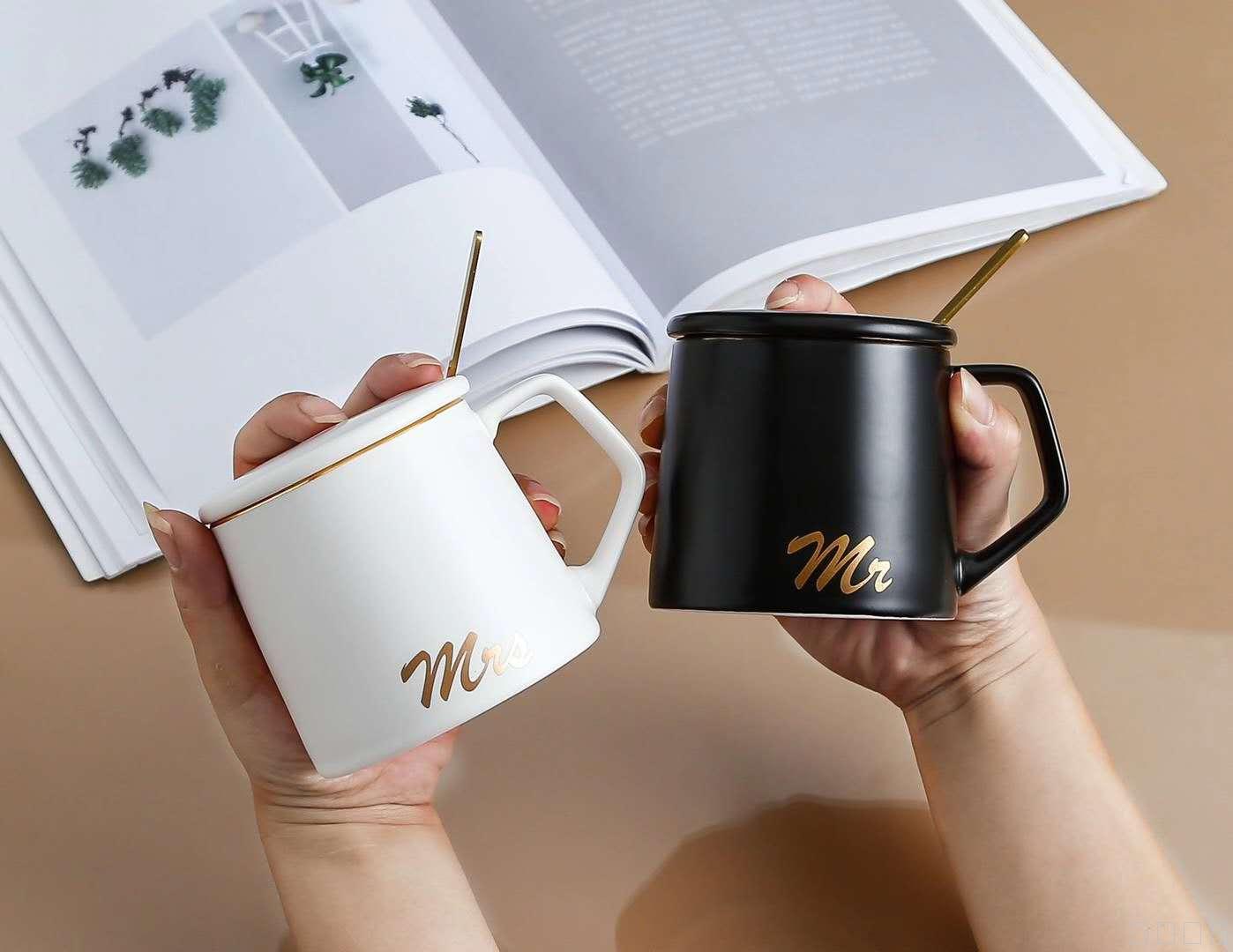 黑白陶瓷对杯英文情侣马克杯烫金水杯
