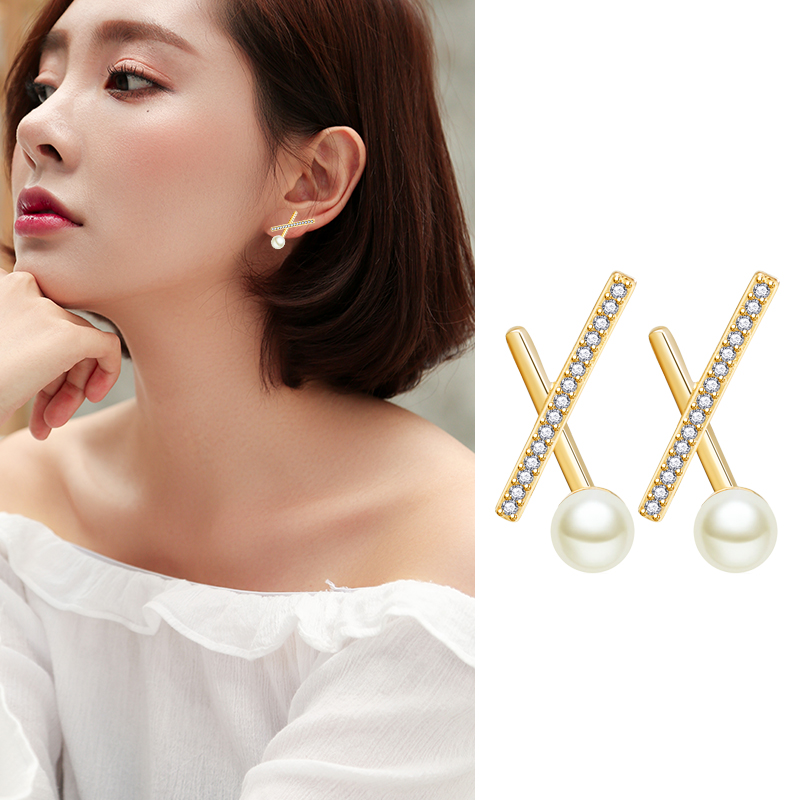 925银针真金电镀锆石珍珠耳钉耳环显高端耳环厂家直销批发耳坠