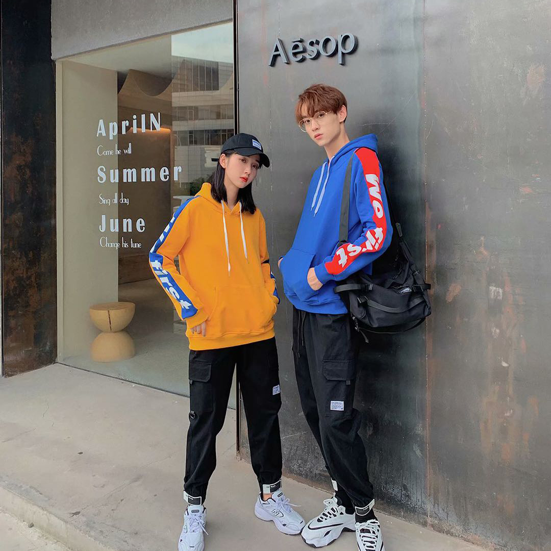 新款麒麟臂嘻哈字母拼色加绒卫衣全棉加绒套头带帽口袋卫衣