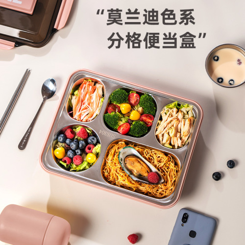 304 Stainless Steel Lunch Box Soup Bowl Student Office Lunch Box with Tableware Insulation Anti-Scald Multi-Grid Large Capacity