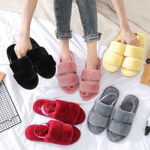 Double Plush Heel Band Fashion Rabbit Fur Indoor and Outdoor Home Wooden Floor Women‘s Slip-Resistant Cotton Slippers Fashion Slippers 