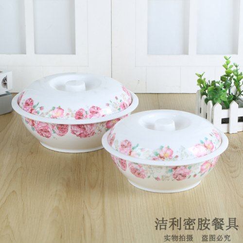 household kitchen melamine material with lid design colorful printing soup bowl durable and easy to clean