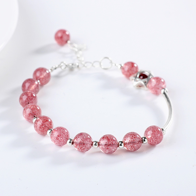 银财气珠小众设计天然粉水晶桃花运草莓晶手链女韩版简约Z桃花